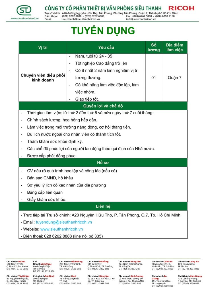 Tuyển Dụng Chuyên Viên Điều Phối Kinh Doanh - Tháng 10.2019